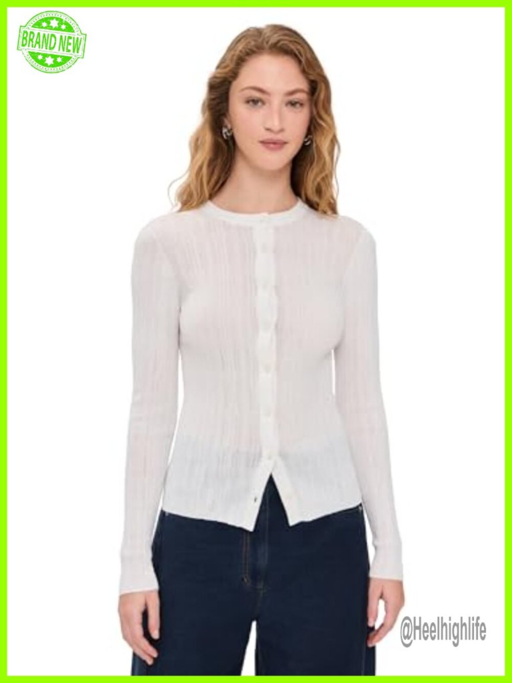 Fine Gauge Cotton-Blend Cardigan Button Crew Neck Long Sleeve Lightweight